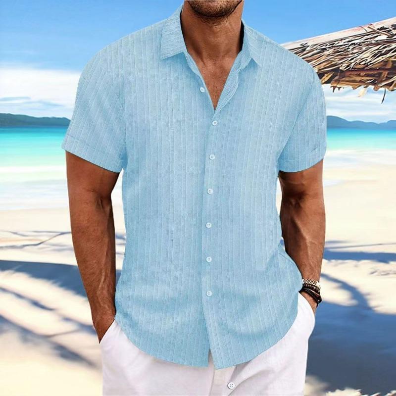 Men Short Sleeve Button Down Shirt Vertical Textured Casual Beach Top