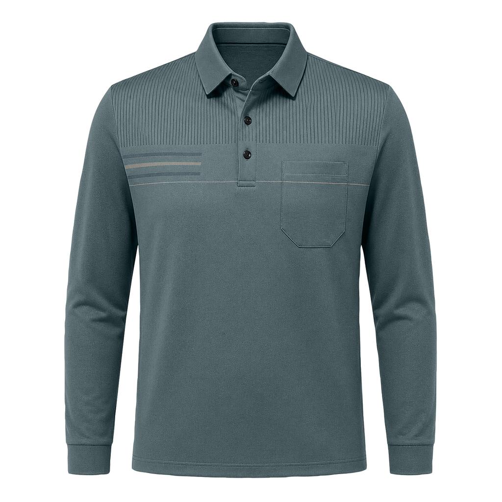 Men's Casual Loose Fit Long Sleeve Polo Shirt Button Down Collar Pocket Design Textured Upper Front Panel Comfortable Fabric