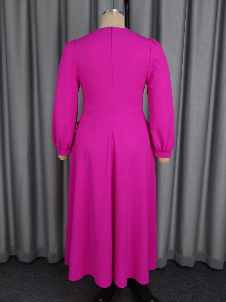 Elegant Women Pleated Maxi Dress V Neck Long Lantern Sleeve Patchwork Beading Fashion Autumn Winter Party Evening Outfit