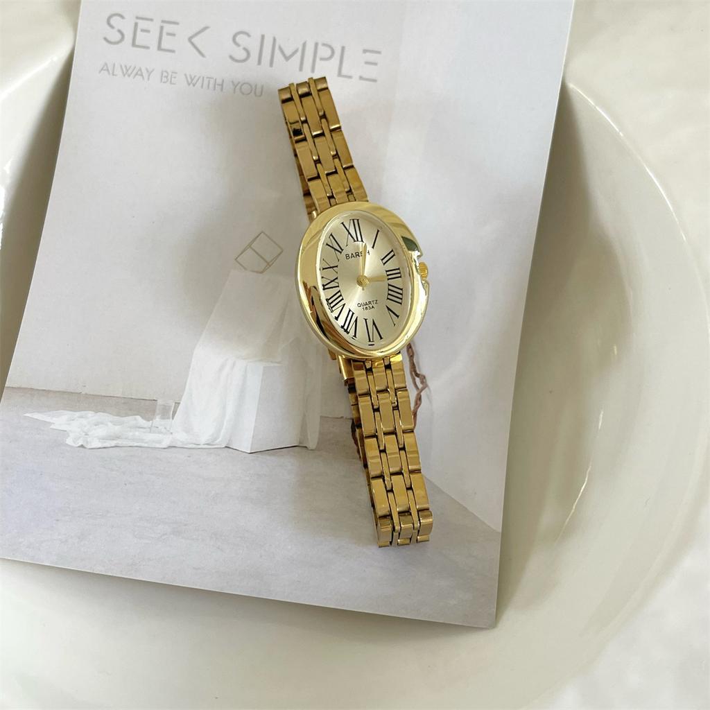 Retro Gold Damen Uhr Damen Mode Einfach Retro Oval Temperament Stahlarmband Quarz Uhr
