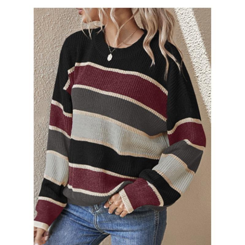 Women Loose Striped Long Sleeve Crew Neck Knit Sweater Autumn Winter