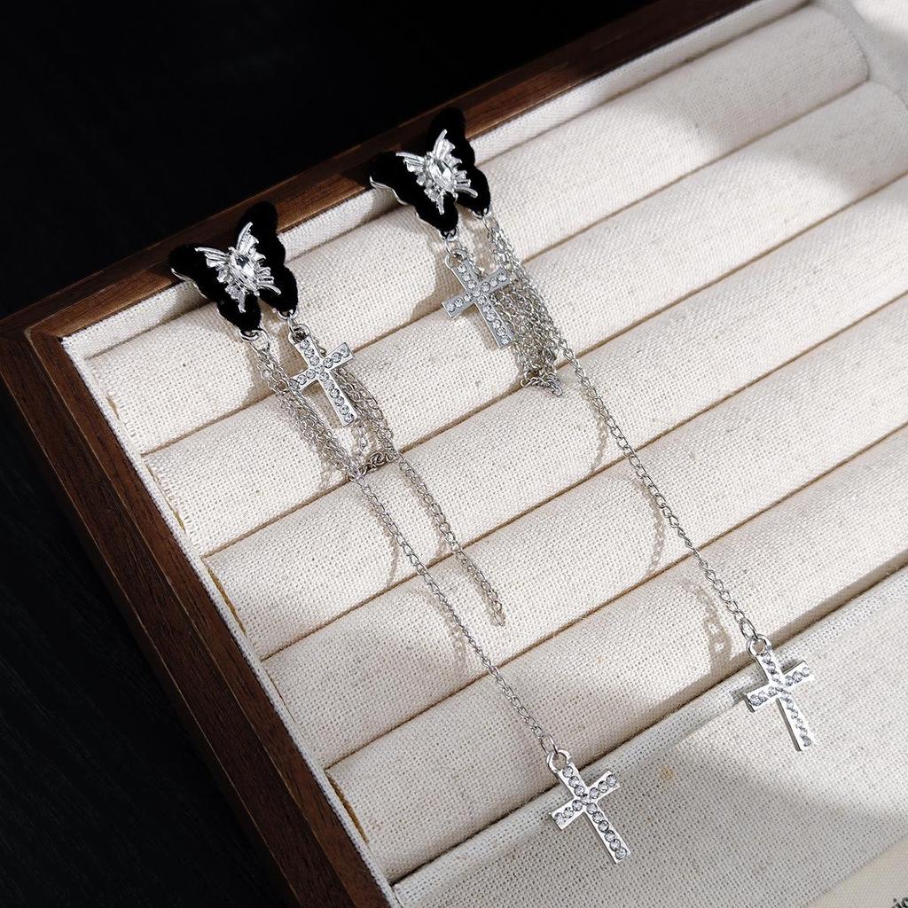 Luxury Silver Needle Black Butterfly Cross Tassel Geometric Earrings for Women