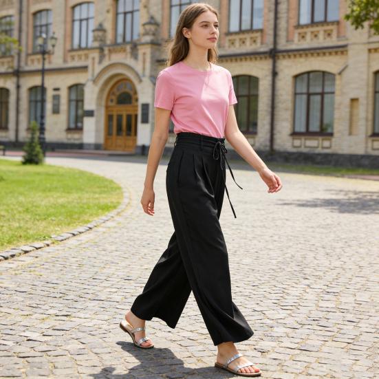 Women Pants High Waist Lace-up Casual Wide Leg Trousers with Pockets Pure Color Design Loose Fit Long Pants Daily