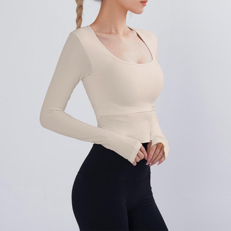 

Женский топ для йоги с длинным рукавом Lulu Slim Fit с нагрудной подушечкой - U-образный вырез, защита от ударов, осенний повседневный, красивая спина, фитнес-рубашка. XL (65-73 kg) абрикосовый