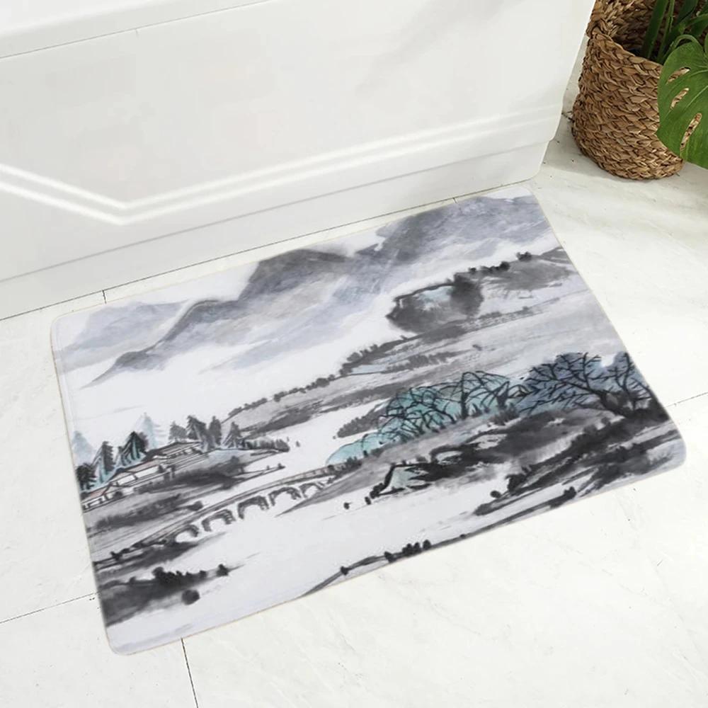 Chinese Ink Painting Floor Mat for Living Room Bedroom Kitchen Decor Non-Slip Carpet Landscape Print Doormat Soft Bathroom Mats