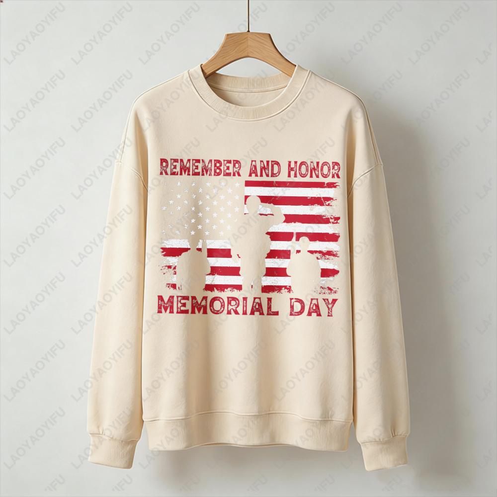 Remember and Honor Memorial Day Sweatshirt Men Women Crewneck Long Sleeve Pullover Patriotic Military Veteran Flag Gift Tops