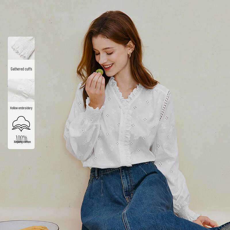 INMAN Women s French Embroidered 100% Xinjiang Cotton Long Sleeve Shirt M жемчужина белый