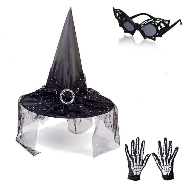 Witch Hat Sunglasses Gloves for Halloween Party Decorations Wizard Cap Photo Props Wide Brim Hat with Blingblign Veil