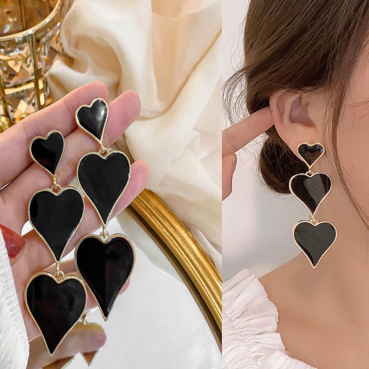 925 Sterling Silver Retro Heart Earrings - Trendy Long Black and Peach Heart Design