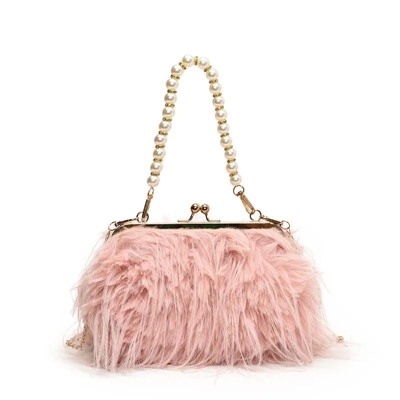 

Luxury Faux Fur Evening Bag For Women 2024 New Winter Fluffy Plush Shoulder Crossbody Bag Lady Designer Shell Handbag Clutch Bag