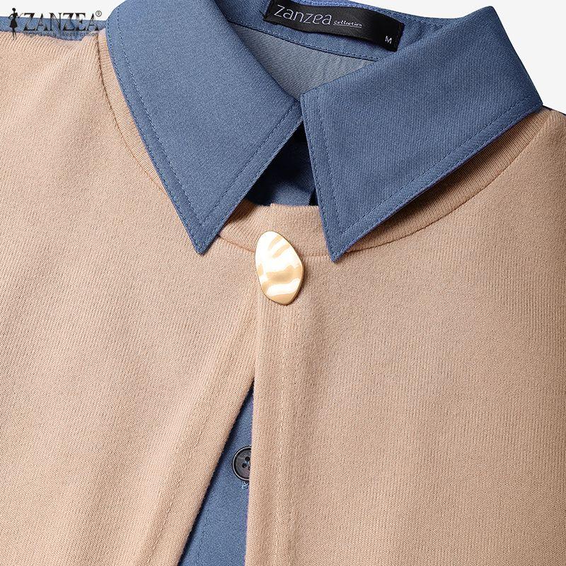 ZANZEA Women Casual Turn Down Collar Loose Long Sleeve Patchwork Blouse