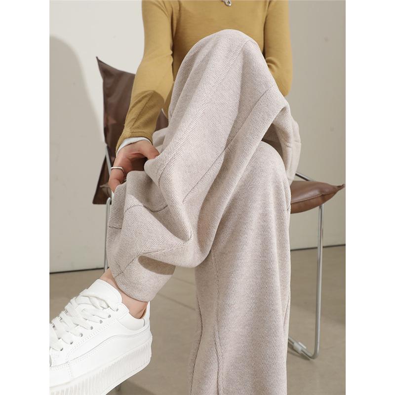 Oatmeal Herringbone Fleece Wide-Leg Pants for Women - Autumn/Winter Slim Fit