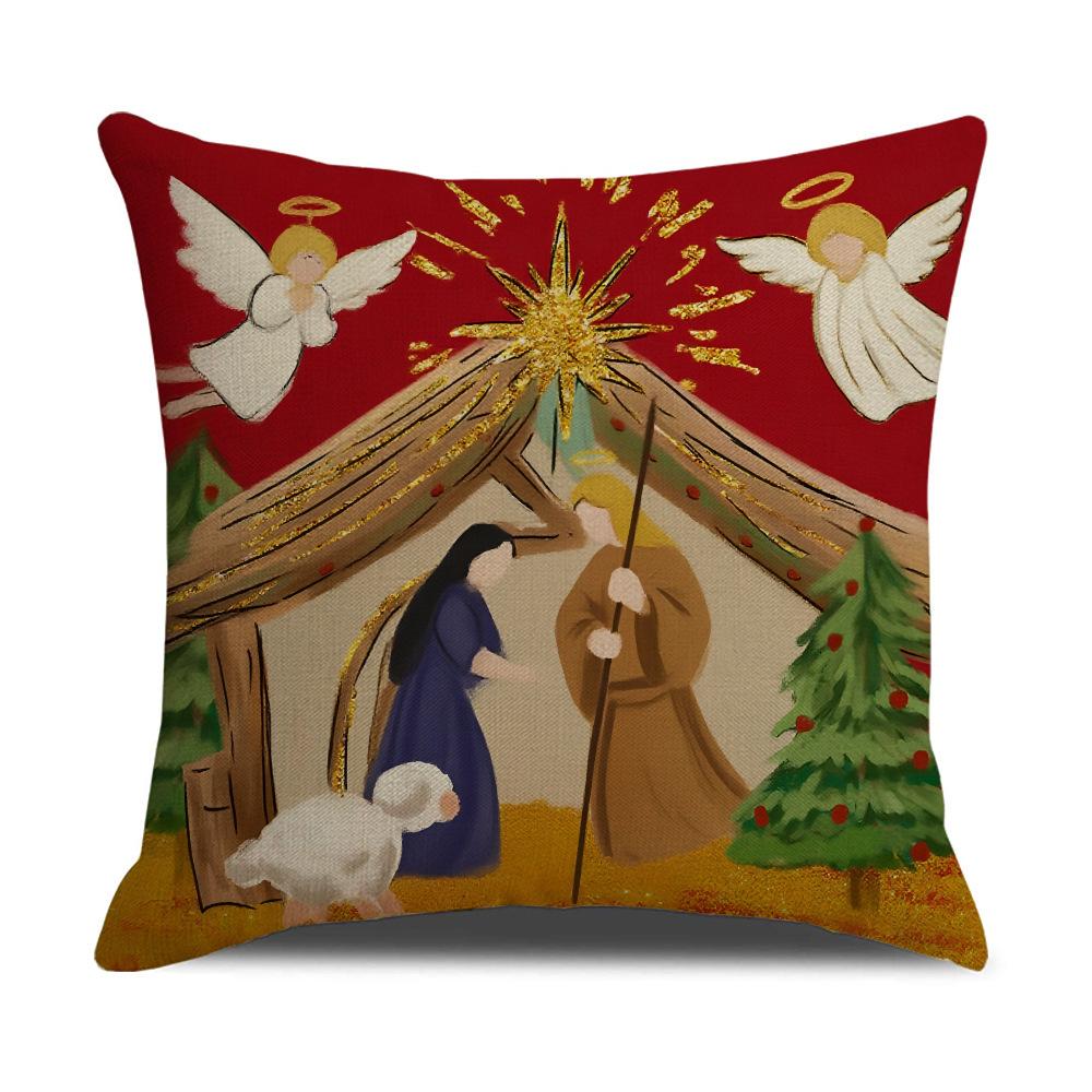 Christmas Element Linen Pillowcase Cute Angel Print Warm Atmosphere Decorative Cushion Cover