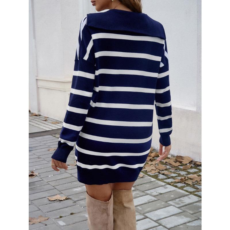 Women's Autumn and Winter Temperament Casual Two Colours Striped Long Sleeve Sweater Dresses