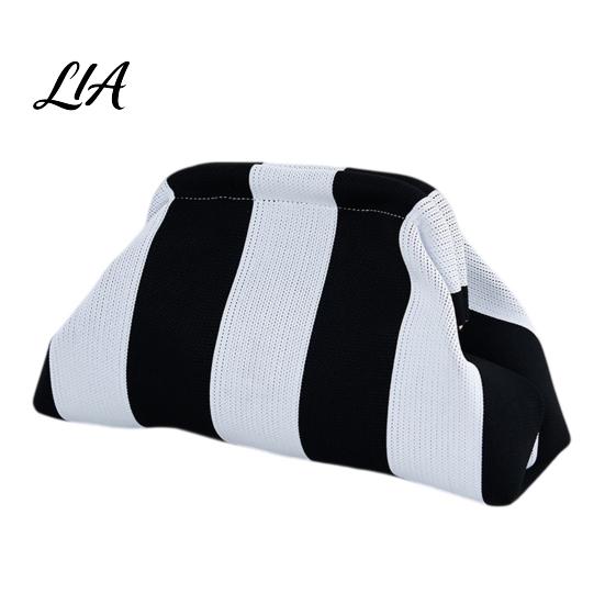 Portable Small Organizer for Purse Snap Shut Makeup Bag, Striped Knitted Clutch Pouch, Stylish Toiletry Bag Wide Open Cosmetic Pouch Brushes