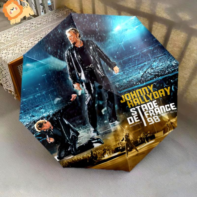 

1pc Johnny Hallyday pattern Umbrella Portable Folding Umbrella Iron Frame Hole Bone Structure Outdoor Home Umbrella