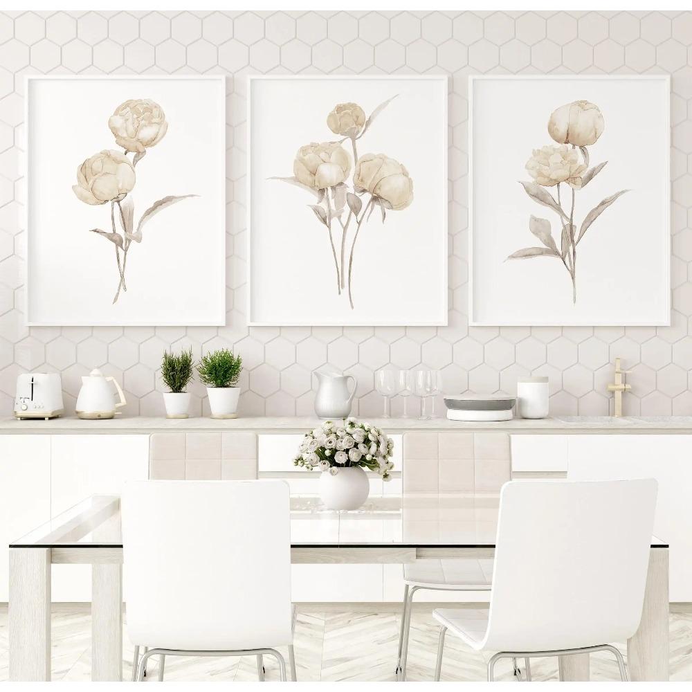 Boho Neutral Watercolor Peony Canvas Wall Art Set, Beige Botanical Prints, Minimalist Living Room Bedroom Home Decor & Gifts