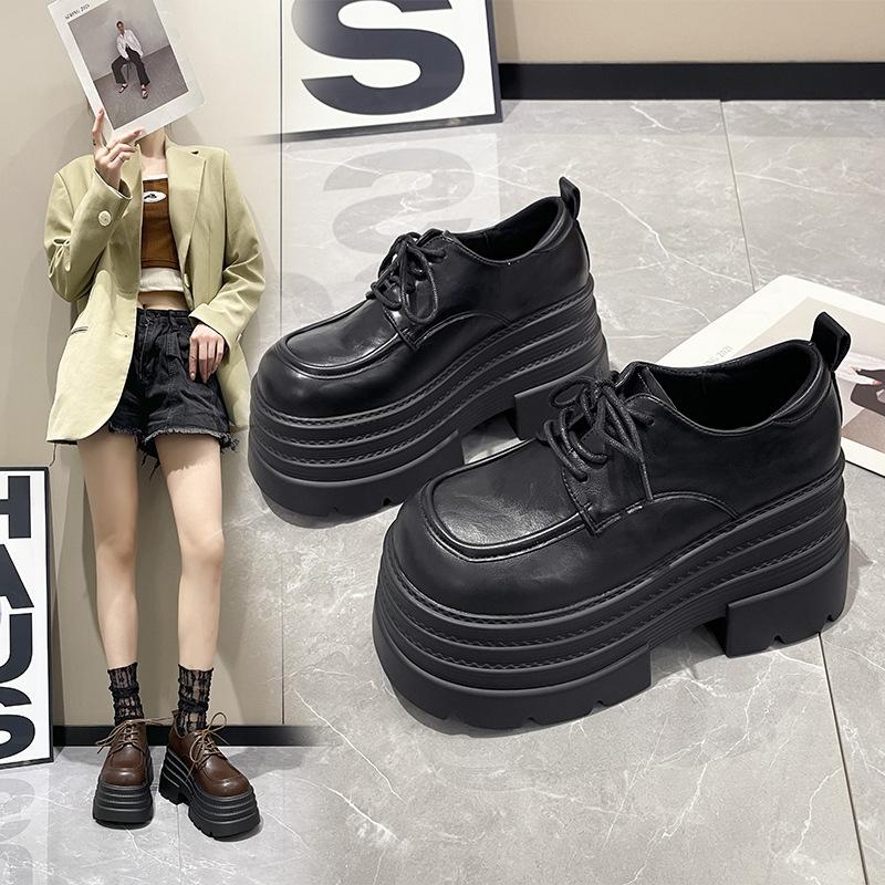 British Style Platform Loafers Women's 2024 Autumn and Winter New Fashion Versatile Lace-up Muffin Platform Loafers