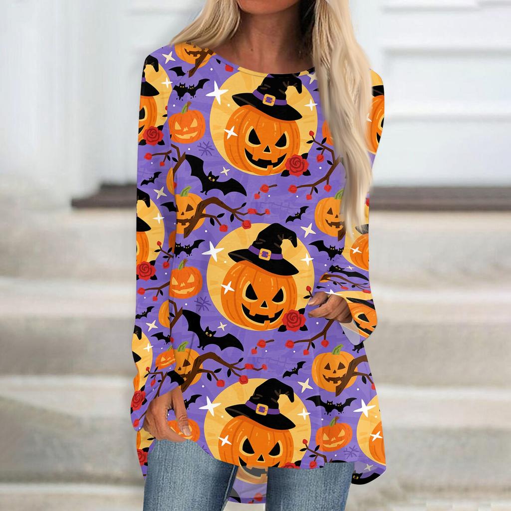 Women's Halloween Printed Long Sleeve Round Neck Tunic Top for Casual Wear