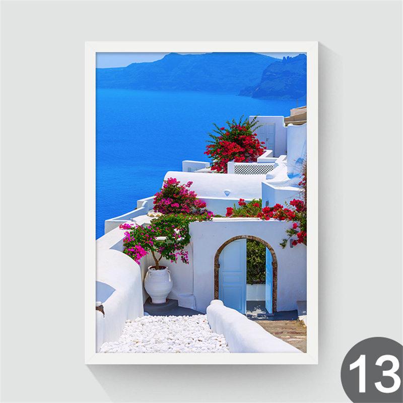 

Скандинавська декоративна картина на полотні Чарівний пейзаж Блакитне небо Океан Красива вулиця Будиночок на човні Квіти Дерева Свіжий стиль 21x30 No Frame