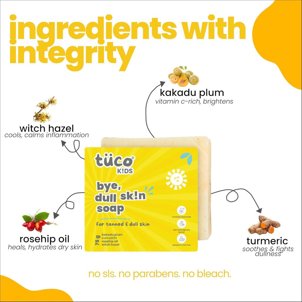 Tuco® Kids Bye, Dull Skin Soap Pack of 3X75gm with Turmeric, Shea Butter | Perfect for Dull & Sensitive Skin | Ages 2-5, 5-10, 10-15 | 3x 75gm