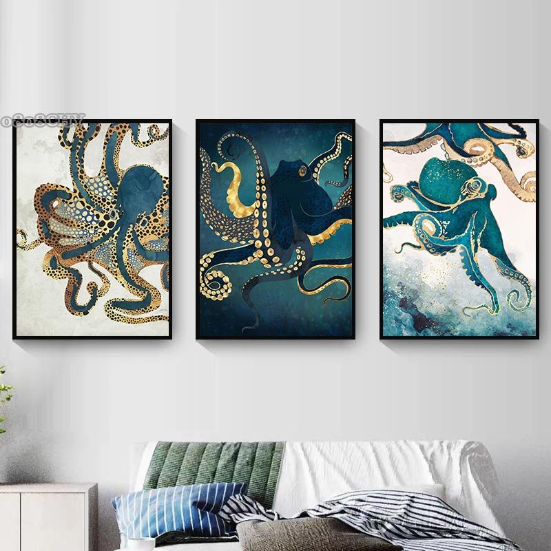 Abstract Octopus Art Canvas Painting Metallic Octopus Posters and Perints Marine Animal Wall Art Pictures for Living Room Decor