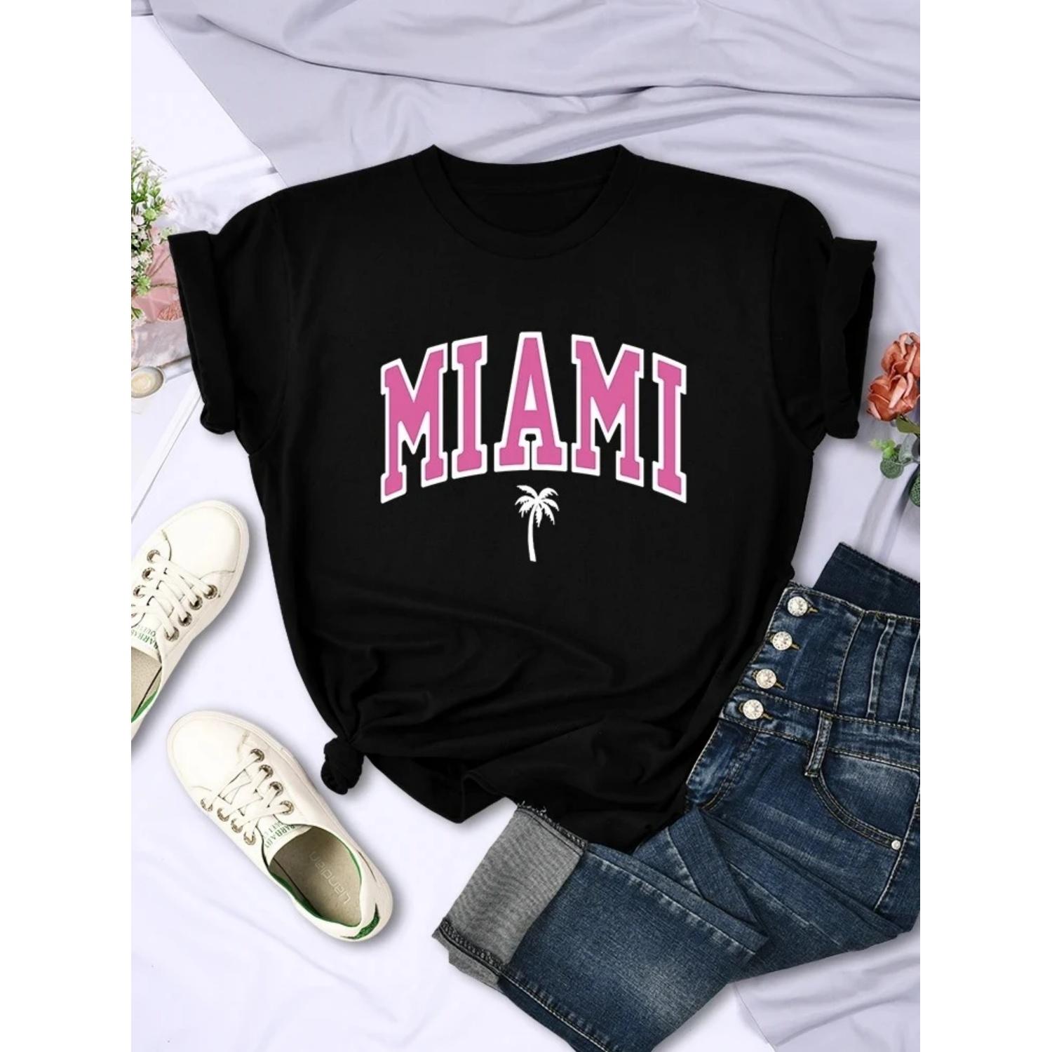 

Miami Beach Florida USA Street Printed T-Shirt Women Summer Breathable Short Sleeve Soft Comfortable T Shirts Loose Casual Tees S чёрный