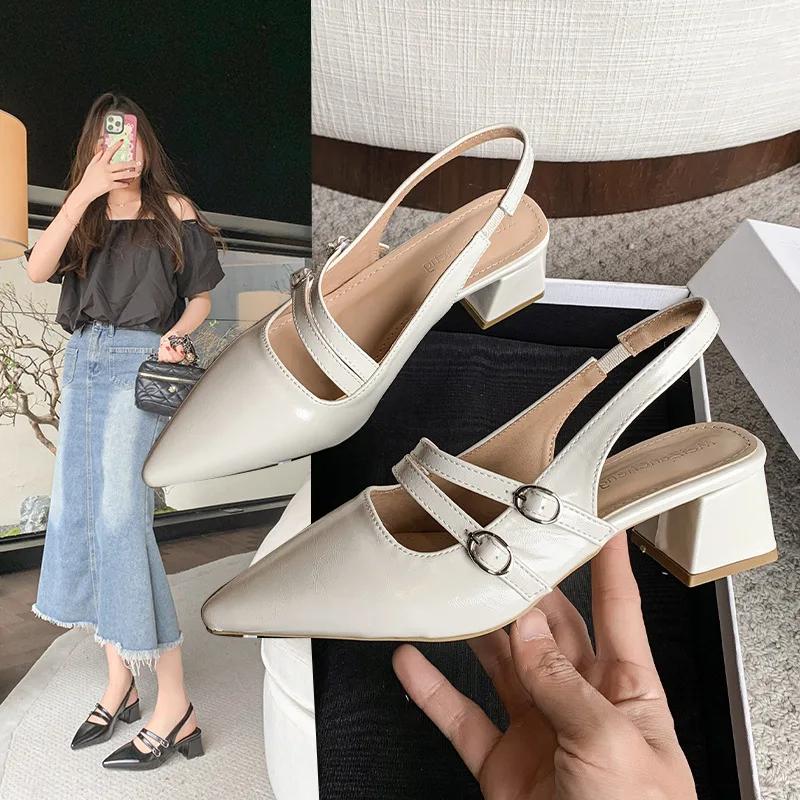 Comfort Shoes for Women Buckle Luxury Sandals Block Heels 2025 Summer Suit Female Beige Med Retro Fashion Chunky Girls