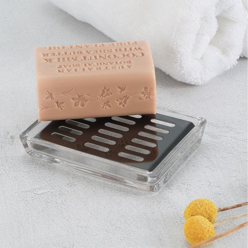 Bathroom Sink Glass Soap Dish with Metal Drain Tray, Freestanding Rectangular Design for Countertop Wash Area Use