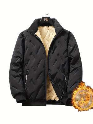 Men's Winter Fleece-Lined Jacket - Casual Stand Collar, Thick & Warm Outerwear with Pockets for Skiing, Fishing & Casual Attire