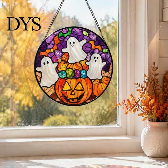 Creative Halloween Souvenirs Stained Glass Suncatcher Ornament, Vintage Hanging Window Decor with Pumpkin Ghost Bat Witch Moonlit Wall Hangings