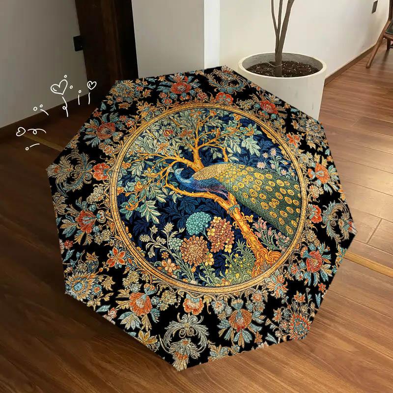 1pc Vintage Automatic Umbrella with Floral & Peacock-like pattern - Automatic Open/Close & Folding Closure, Sturdy Iron Frame, All-Season Wo