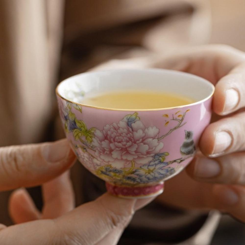 65ml Chinese Enamel Color Ceramic Tea Cup Peony Master Cups Household Palace Flower Teacup Set Portable Mini Tea Bowl Teaware