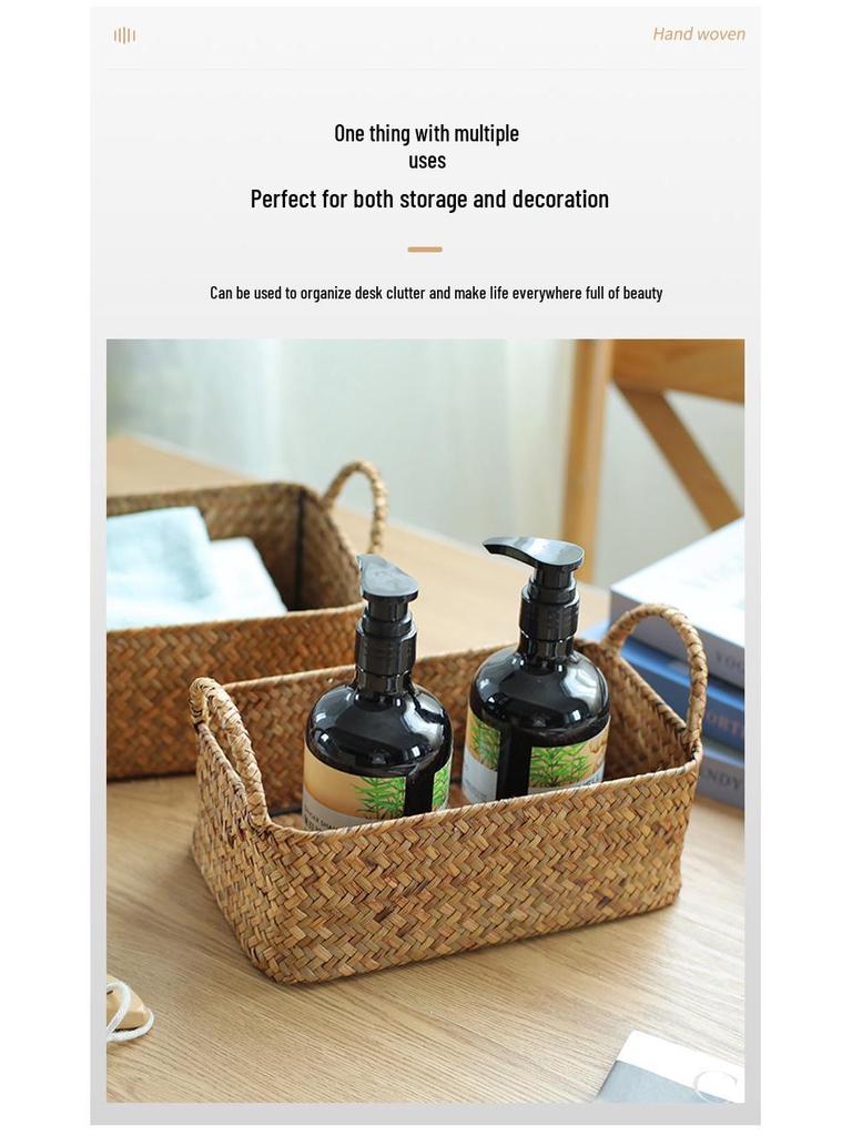 Japanese Straw-Woven Storage Basket for Snacks, TV Accessories, Cosmetics, and Masks