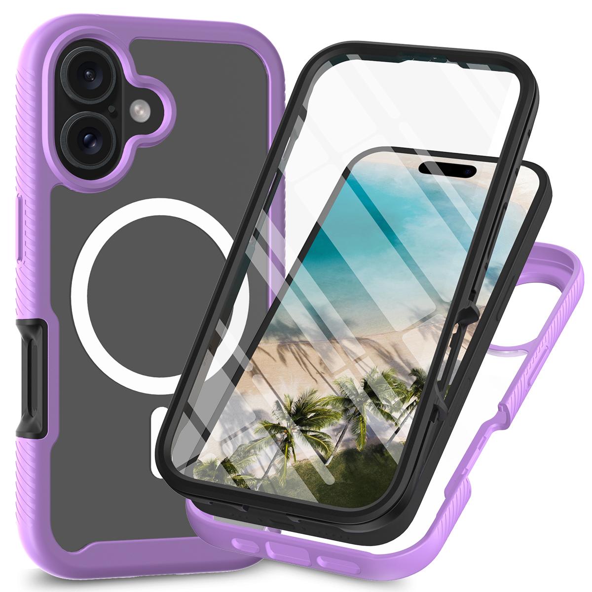 

For iPhone 16 Magnetic Case PC+TPU Phone Cover with PET Screen Film All-Around Protection Purple