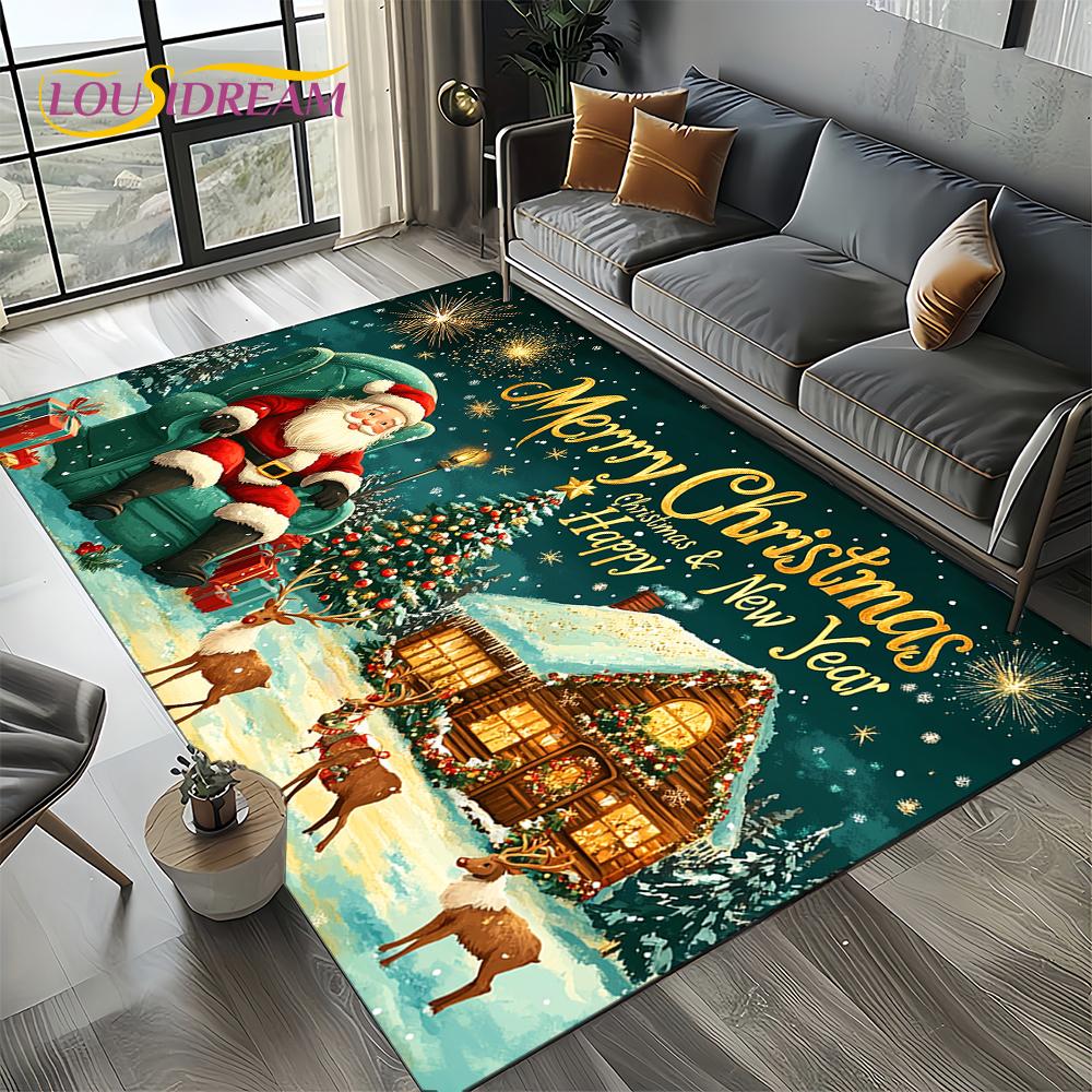 2025 Merry Christmas Tree Santa Claus,New Year Fairy Tale Gift Carpet Rug for Home Bedroom Sofa Doormat Decor,Non-slip Floor Mat