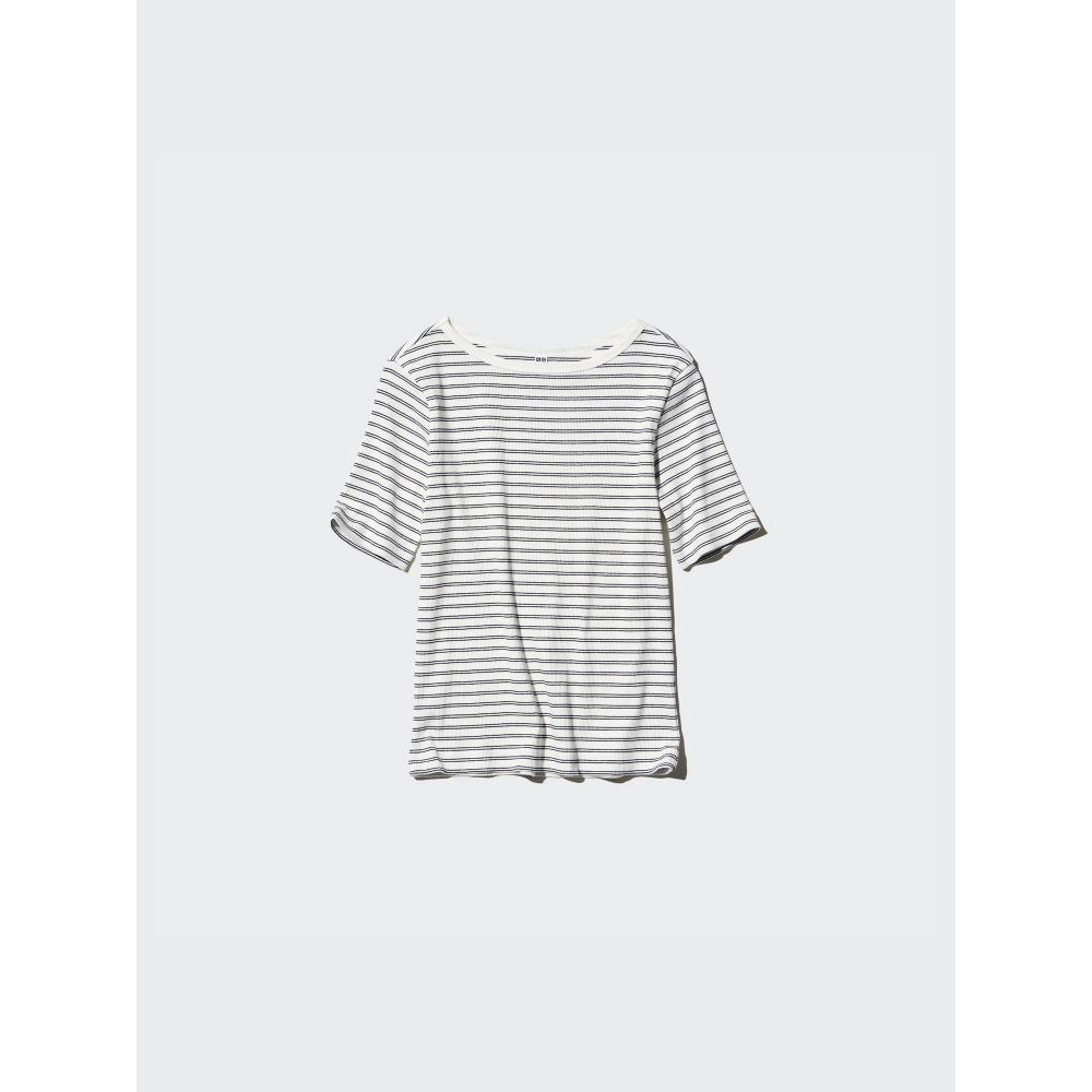 Uniqlo Japan Ribbed BoaT Neck T 5 minuTe Sleeve Border