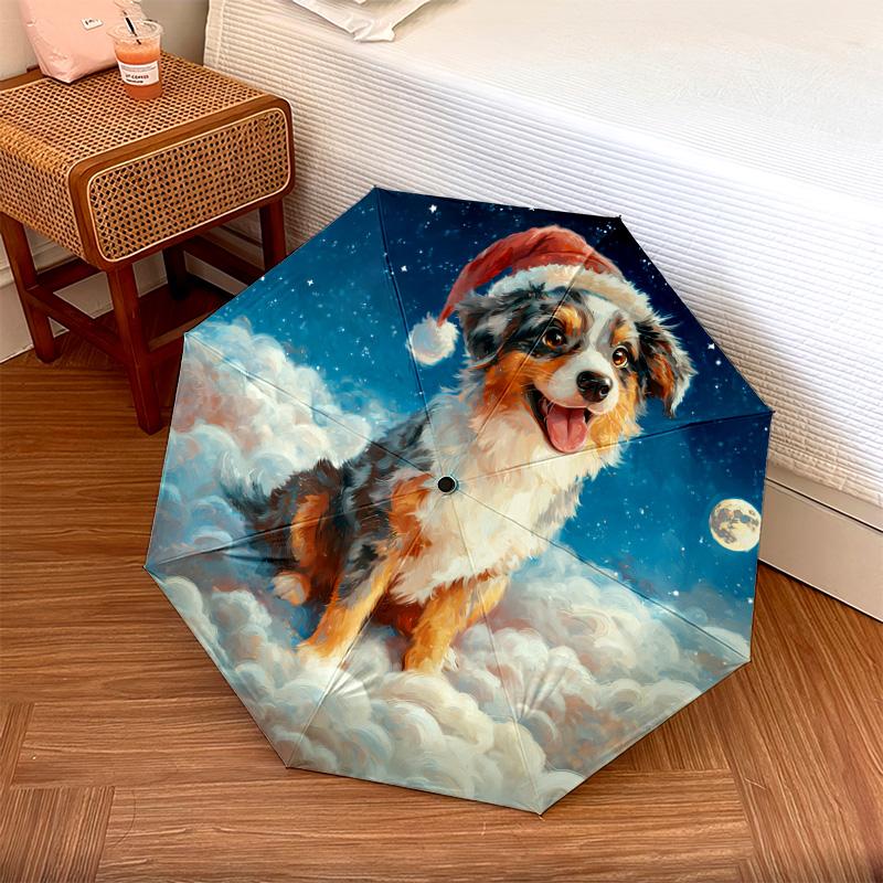 

1 шт. Автоматична складана парасолька - Візерунок Собака в шапці Санти , Портативна та складана конструкція з 8 спицями, Різдвяні подарунки на день народження