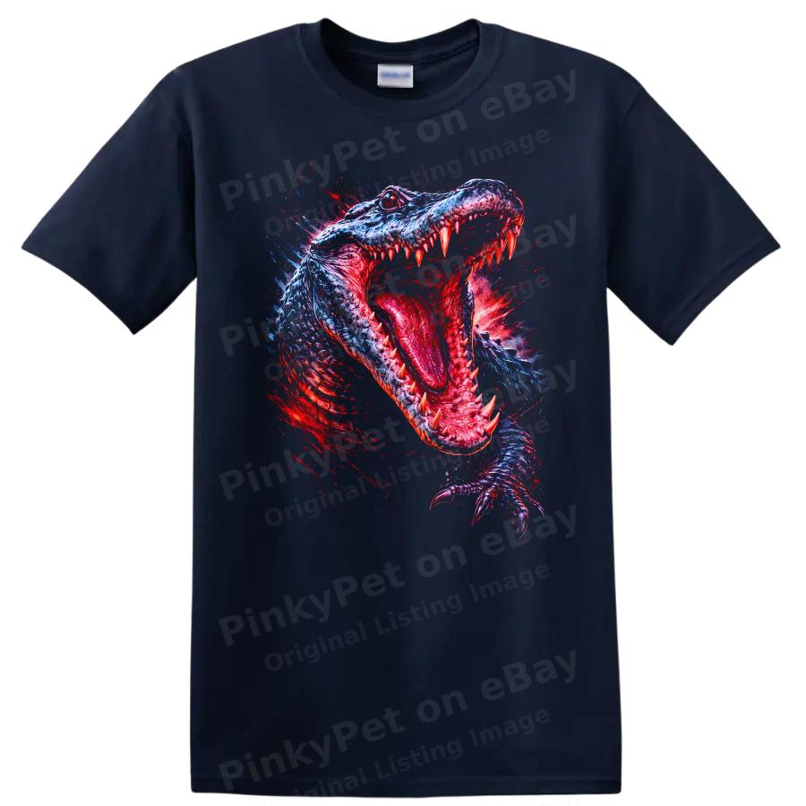 Vibrant Dinosaur Roaring Graphic T Shirt Colorful Creature Art Tee