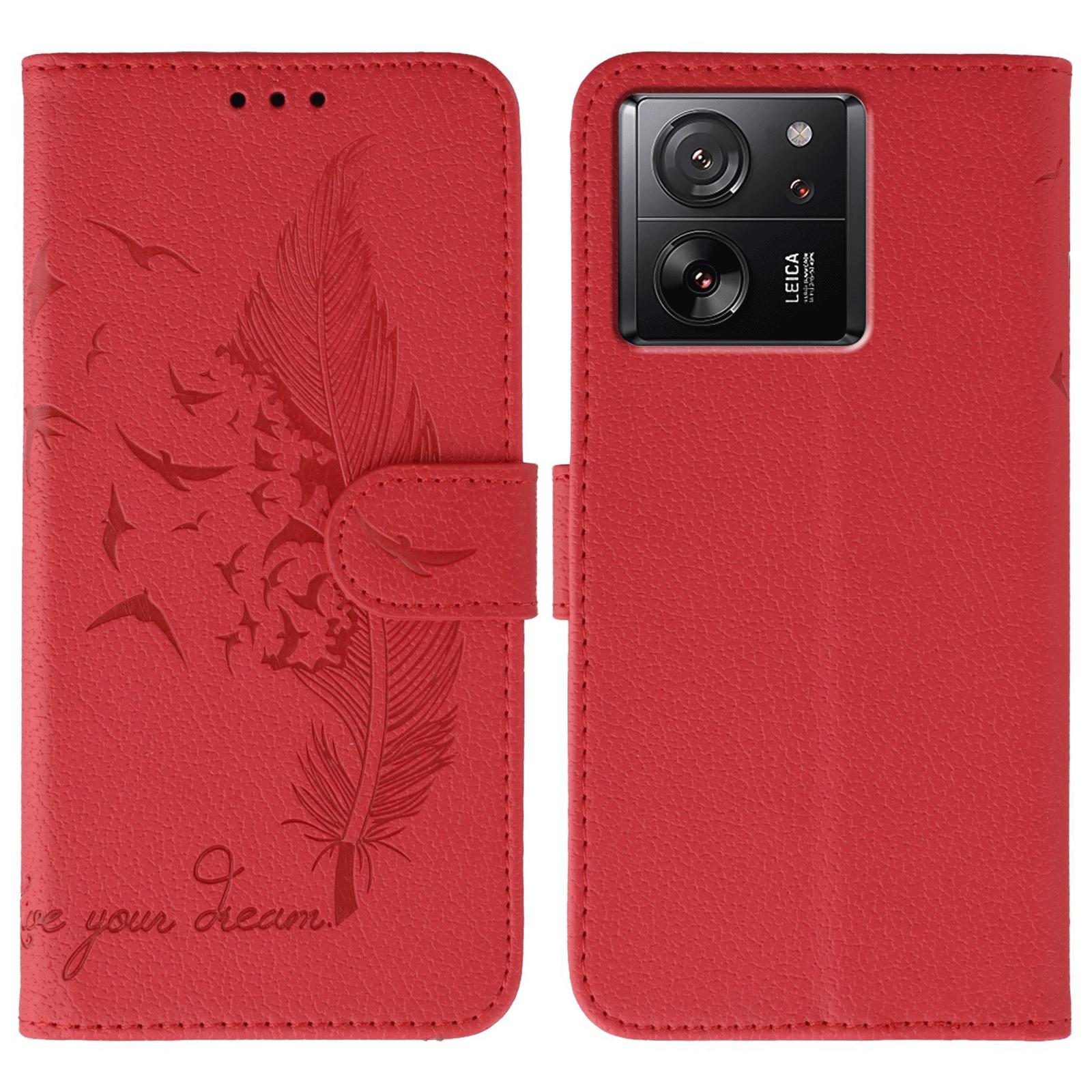 

Phone Case For Xiaomi 13T/13T Pro/Redmi K60 Ultra Feather Imprint PU Leather Wallet Cover Red