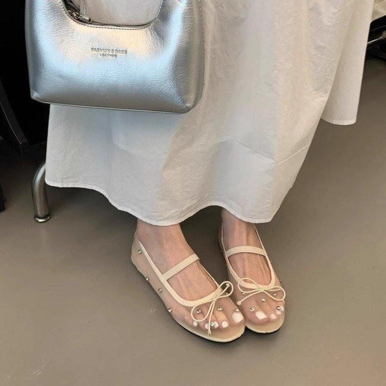 Fashion Women Ballet Flats Shoes Summer Hollow Non Slip Fashion 2025 Rhinestone Women Shoes Mesh Breathable Mary Jane Sandals Rhinestone