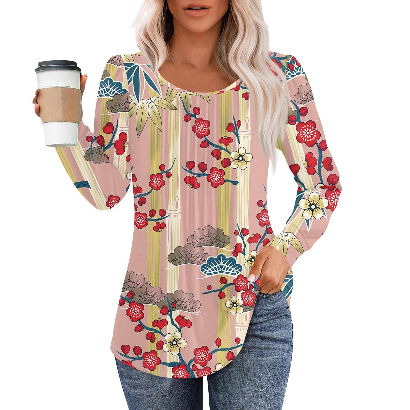 

Рубашки с длинным рукавом для женщин, топы, нарядные повседневные блузки, плиссированные топы-туники с круглым вырезом XL арбуз красный