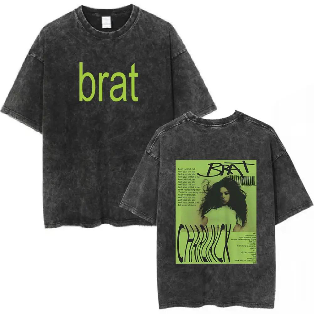 Charli Xcx Brat Arena Tour Washed T Shirts Men Women Fashion Pop Music Tshirts Cotton Vintage Tshirt Oversized Streetwear