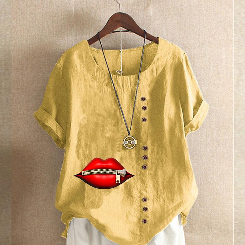 

Женская мода с круглым вырезом и коротким рукавом, повседневная хлопковая льняная рубашка с рисунком, свободная летняя блузка с застежкой-молнией для отдыха, топы больших размеров XXL жёлтый