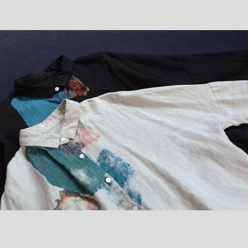 Autumn Women's 2024 New Spliced Polo Collar Button Print Fashion Loose Minimalist Comfortable Casual Long Sleeved Blouses Shirts