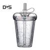 Leak-proof Iced Coffee Cup Reusable Straight Pipette Cup with Built-in Straws Double Wall Insulated Iced Coffee Tumbler Cartoon Drinking Cup