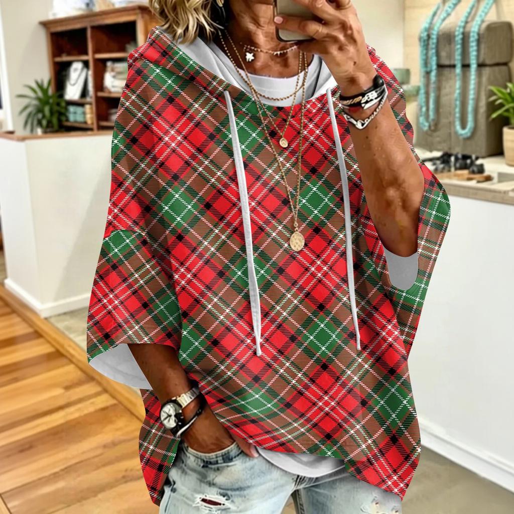 Women's Drawstring Hooded Sweatshirt with Retro Plaid Print Loose Fit Casual Top