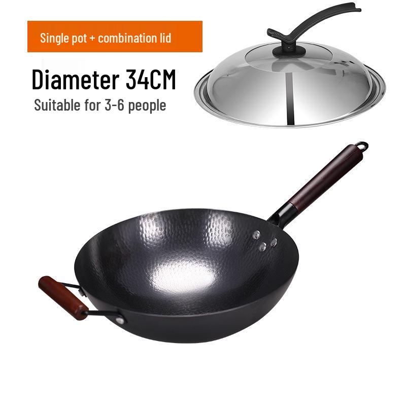 Zhangqiu Hand-Hammered Uncoated Non-Stick Wrought Iron Stir-Fry Wok with Spatula