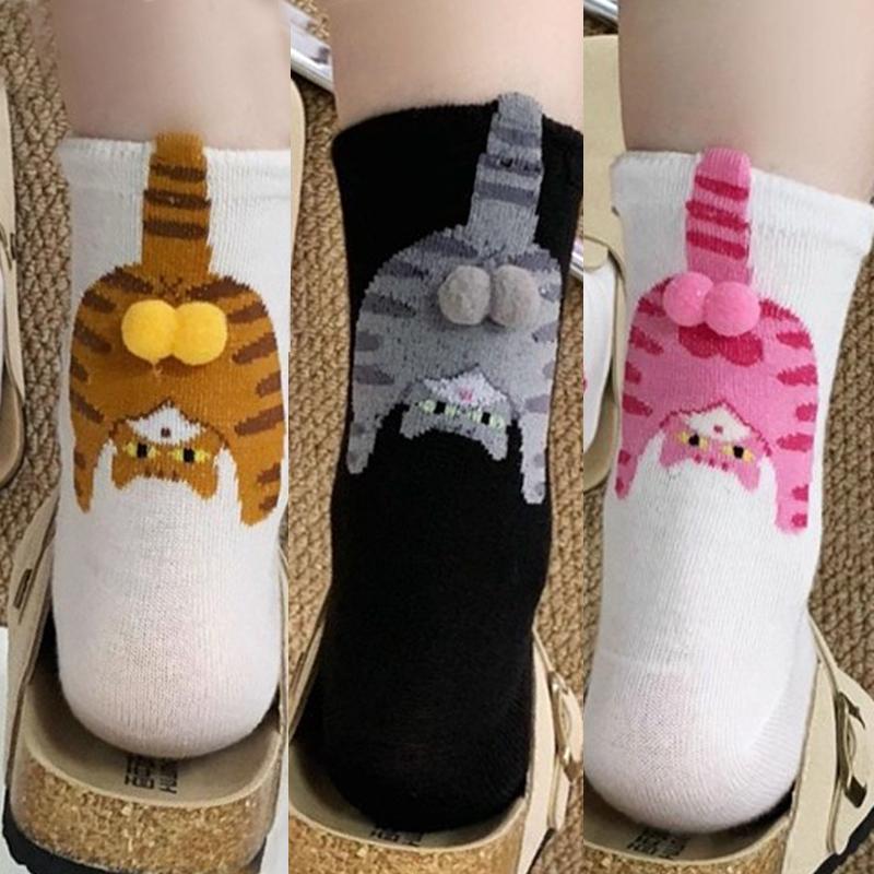 Funny Cartoon Cat Pattern Socks with 3d Cat Eggs for Women Breathable Soft Cartoon Middle Tube Socks Gifts for Cat Lovers