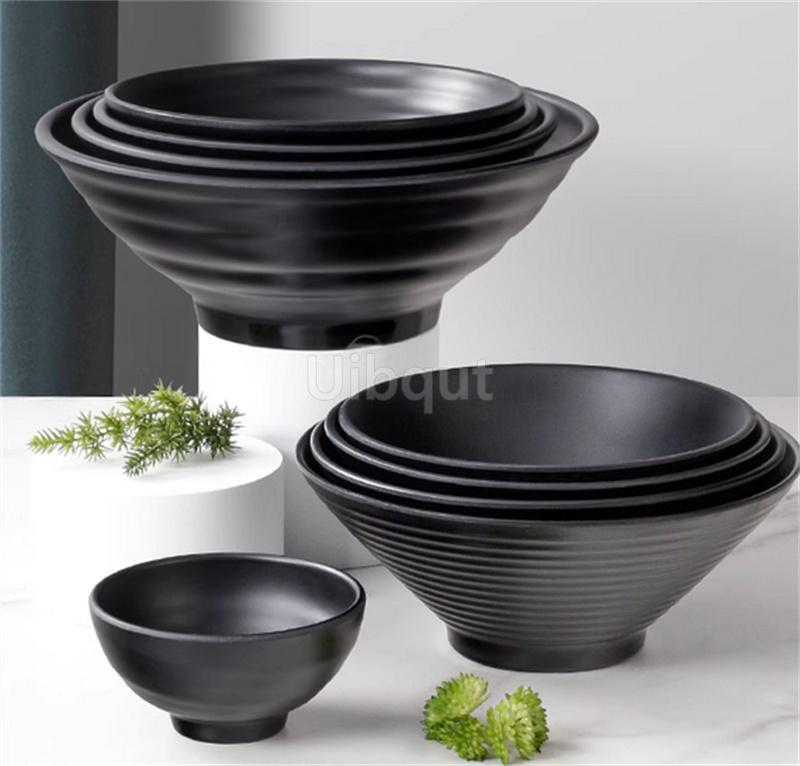 Black Melamine Tableware Black Matte Stripe Ramen Bowl Plastic Household Rice Noodle Salad Bowl Kitchen Dumpling Ramen Bowl Set